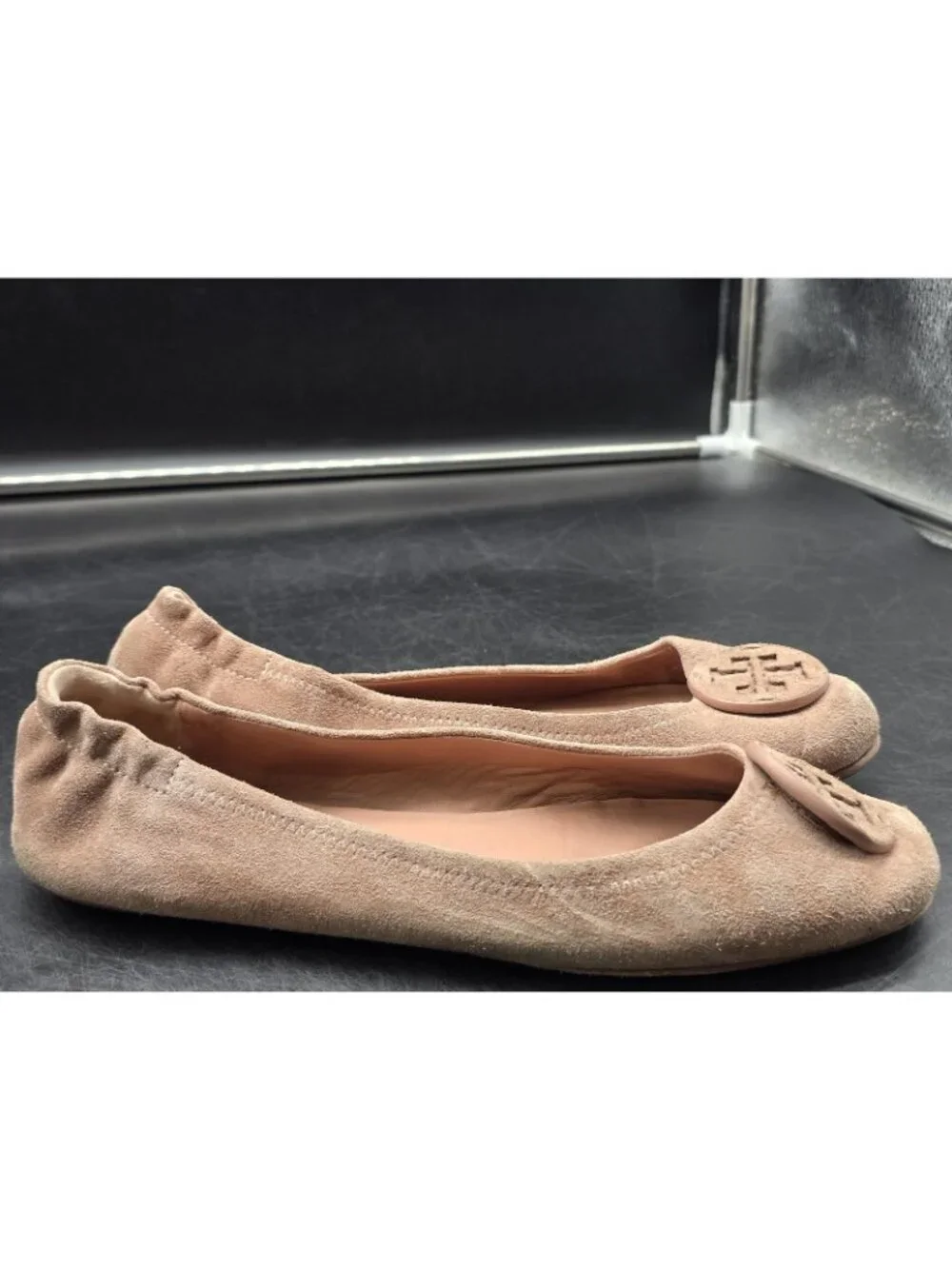 Tory Burch Shoes Womens 9 Pink Minnie Travel Suede Ballet Flats Logo Medallion